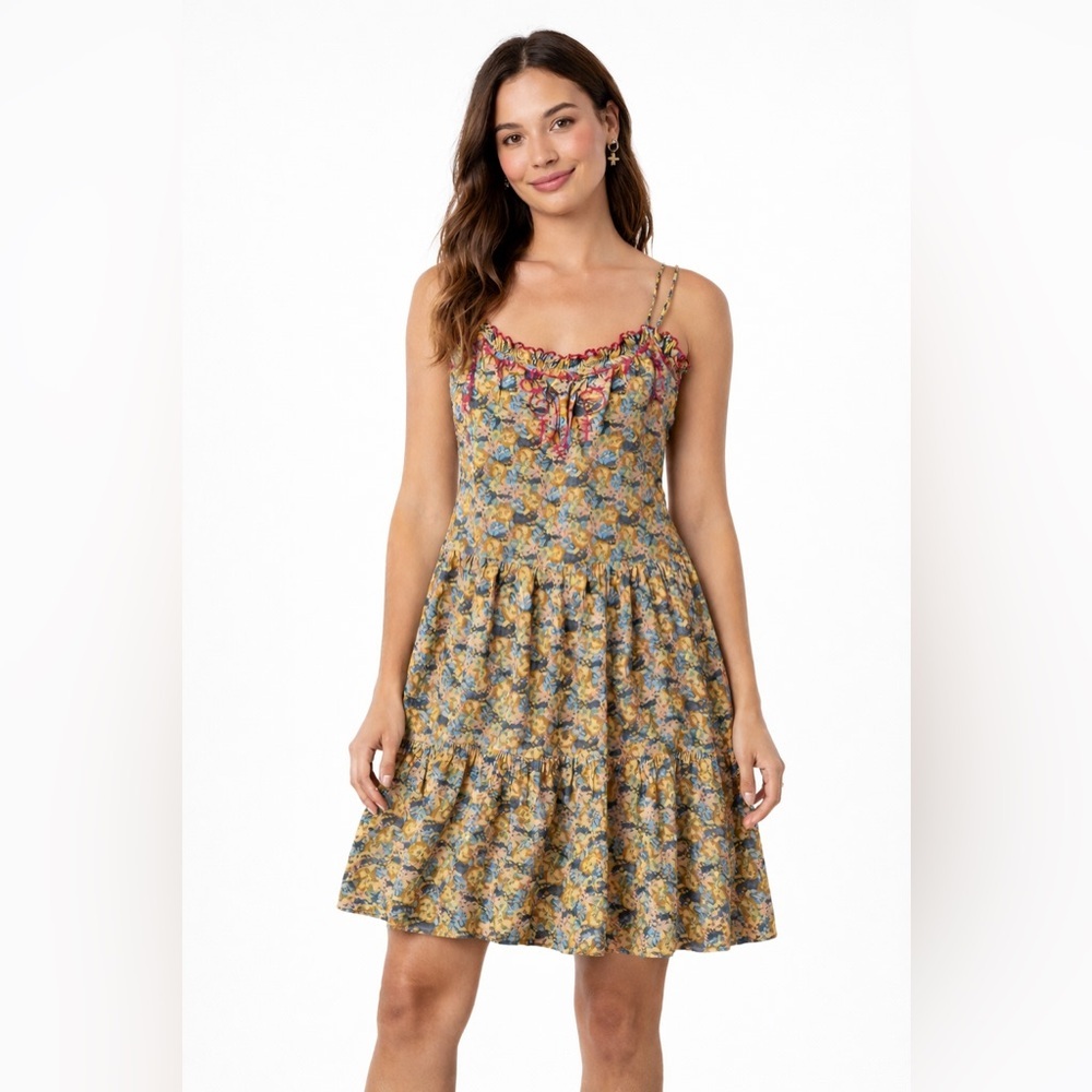 Natural Life Floral Tiered Mini Dress Yellow Blue XS/S